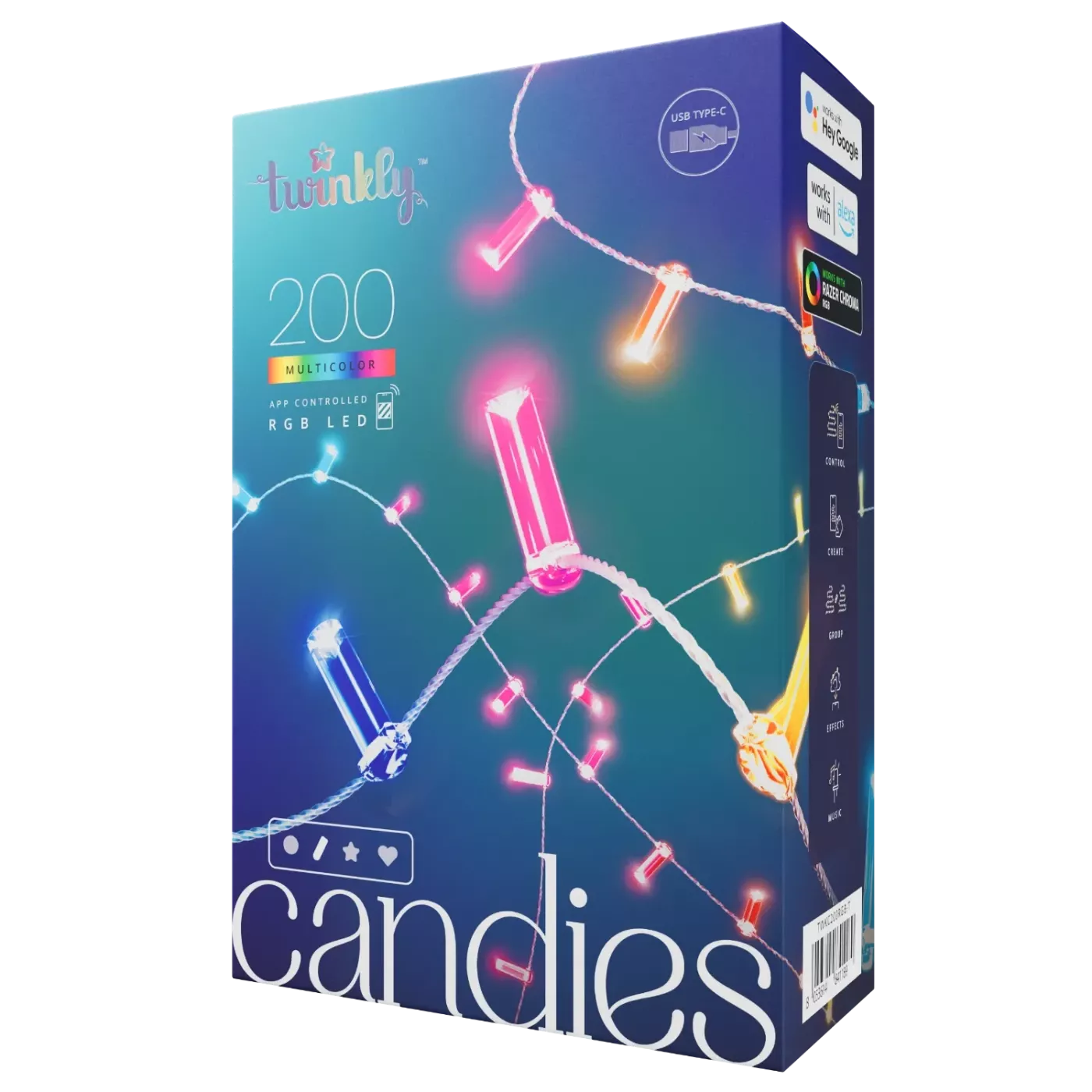 Lampki łańcuchowe - świeczki Twinkly Strings USB - 200 Candle-shaped RGB LEDs, Clear Wire, USB-C