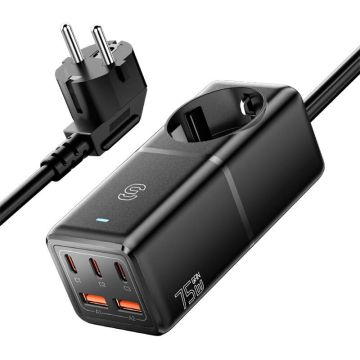 Ładowarka sieciowa, Essager, ECTAC-BRB01-Z, GaN, 3xUSB-C, 2xUSB-A, Gniazdko AC, 75W (czarna)