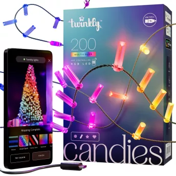 Lampki łańcuchowe - świeczki, Twinkly Strings USB - 200 Candle-shaped RGB LEDs, Green Wire, USB-C