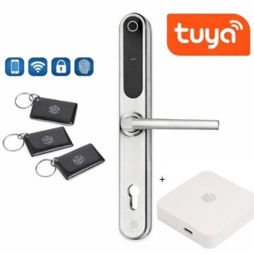 Zestaw inteligentna klamka elektroniczna PSG VERRO – srebrna, rozstaw 72 mm, Bluetooth, WiFi, Smart Life (Tuya) + bramka hub WI-Fi