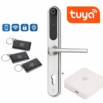 Zestaw inteligentna klamka elektroniczna PSG VERRO – srebrna, rozstaw 92 mm, Bluetooth, WiFi, Smart Life (Tuya) + bramka hub WI-Fi