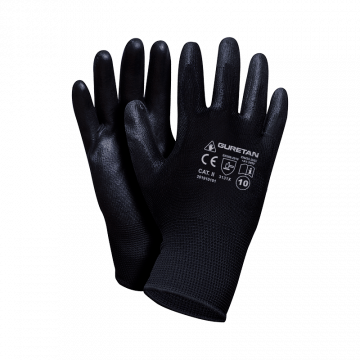 Rękawice ochronne wykonane z dzianiny w kolorze czarnym, powlekane czarnym poliuretanem. 8 GURETAN SET B