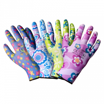 Rękawice robocze wykonane z dzianiny poliestrowej ze wzorem kwiatowym w kolorze fioletowym, w całości powlekane nitrylem. 8 FLORIS B