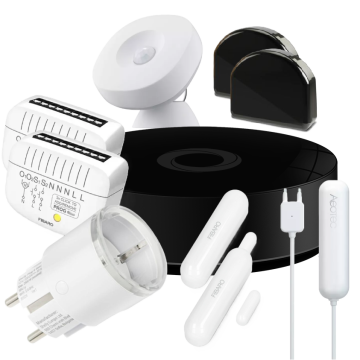 Zestaw z centralą Homey Pro (2026) (Fibaro: 2x Roller Shutter 4, 2x Double Switch 2, 2xDoor/Window Sensor 2, Aeotec: Motion Sensor, Water Sensor 7 oraz Shelly  Plug S MTR Gen3 12A)
