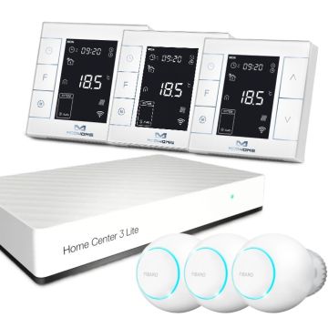 Zestaw inteligentnego sterowania ogrzewaniem podłogowym z centralą Fibaro i 3x głowicą FGT-001 + 3x MCOHOME MH7H-WH biały