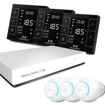 Zestaw inteligentnego sterowania ogrzewaniem podłogowym z centralą Fibaro i 3x głowicą FGT-001 + 3x MCOHOME MH7H-WH czarny