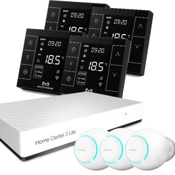 Zestaw inteligentnego sterowania ogrzewaniem podłogowym z centralą Fibaro i 3x głowicą FGT-001 + 4x MCOHOME MH7H-WH czarny