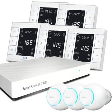 Zestaw inteligentnego sterowania ogrzewaniem podłogowym z centralą Fibaro i 3x głowicą FGT-001 + 5x MCOHOME MH7H-WH biały