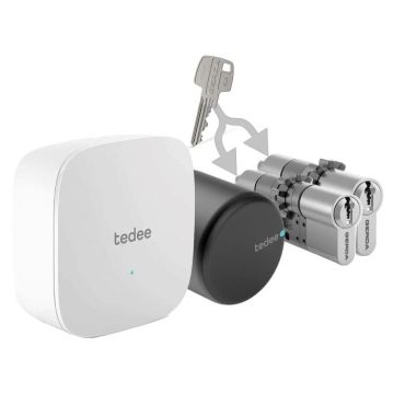 Inteligentny zestaw "góra dół jeden klucz" Tedee Lock Pro grafitowy + mostek + 2x wkładka modułowa Gerda SLR 30-61/30 mm (typ B)