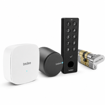 Inteligentny zamek Tedee Lock PRO - grafitowy + mostek Tedee Bridge + czarna klawiatura Tedee 2.0 + wkładka EXXO SMART M G61/61, z zabierakiem i gałką