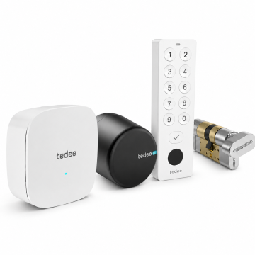 Inteligentny zamek Tedee Lock PRO - grafitowy + mostek Tedee Bridge + biała klawiatura Tedee 2.0 + wkładka EXXO SMART M G61/61, z zabierakiem i gałką