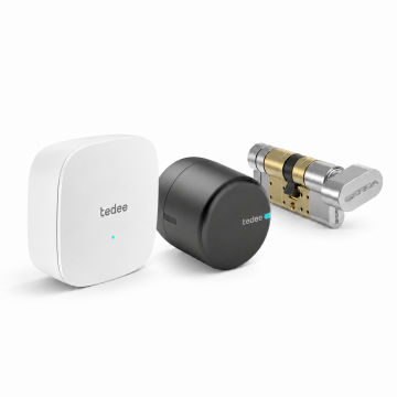Inteligentny zamek Tedee Lock PRO - grafitowy + Tedee Bridge + wkładka EXXO SMART M G61/61, z zabierakiem i gałką