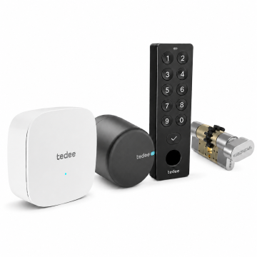 Inteligentny zamek Tedee Lock PRO - grafitowy + mostek Tedee Bridge + czarna klawiatura Tedee 2.0 + wkładka EXXO SMART ZG 61/61, z zębatką i gałką