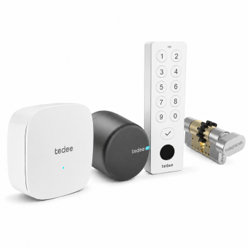 Inteligentny zamek Tedee Lock PRO - grafitowy + mostek Tedee Bridge + biała klawiatura Tedee 2.0 + wkładka EXXO SMART ZG 61/61, z zębatką i gałką