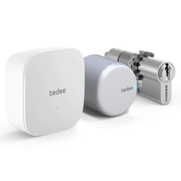 Inteligentny zamek tedee Lock GO2 TLV2.0A-PL (srebrny) w zestawie z mostkiem i wkładką modułową SLR 30-61/30 mm z zębatką (typ B)