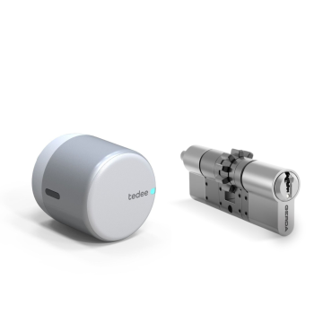 Zestaw inteligentny zamek tedee Lock GO2 srebrny z białym przyciskiem + wkładka Gerda SLR 30-61/37-68 mm (typ D)