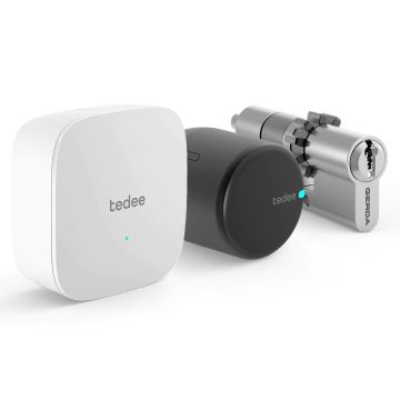 Inteligentny zamek tedee Lock GO2 TLV2.0B-PL (grafitowy) w zestawie z mostkiem i wkładką modułową SLR 30-61/30 mm z zębatką (typ B)