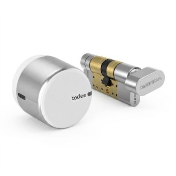Inteligentny zamek Tedee Lock GO2 - aluminium, srebrny, z białym przyciskiem + wkładka EXXO SMART M G61/61, z zabierakiem i gałką