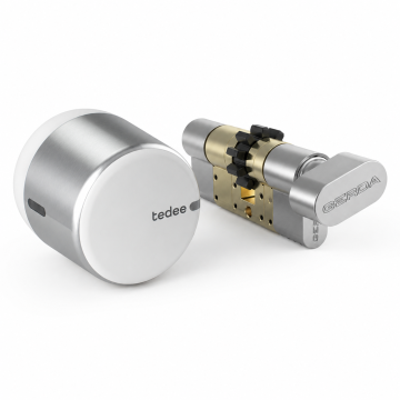 Inteligentny zamek Tedee Lock GO2 - aluminium, srebrny, z białym przyciskiem + wkładka EXXO SMART MZ G61/61, z zębatką i gałką