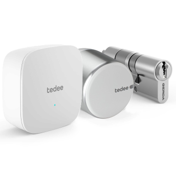 Zestaw inteligentny zamek Tedee Lock GO2 (aluminium) srebrny z białym przyciskiem + Tedee Bridge Wi-Fi + wkładka modułowa SLR 30-61/30 mm (typ A)