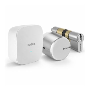 Inteligentny zamek Tedee Lock GO2 - aluminium, srebrny, z białym przyciskiem + Tedee Bridge + wkładka EXXO SMART M 61/61, z zabierakiem