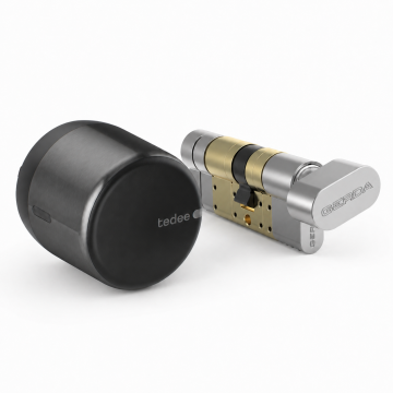 Inteligentny zamek Tedee Lock GO2 - aluminium, grafitowy, z czarnym przyciskiem + wkładka EXXO SMART M G61/61, z zabierakiem i gałką
