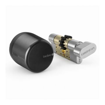 Inteligentny zamek Tedee Lock GO2 - aluminium, grafitowy, z czarnym przyciskiem + wkładka EXXO SMART MZ G61/61, z zębatką i gałką