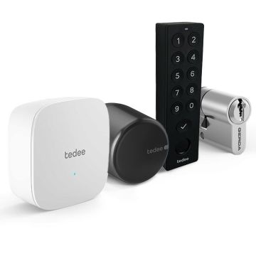 Zestaw inteligentny zamek Tedee Lock GO2 (aluminium) grafitowy z czarnym przyciskiem + Tedee Bridge Wi-Fi + wkładka Gerda SLR 30-61/30 mm (typ A) + czarna klawiatura Tedee 2.0 TKV2.0B PRO