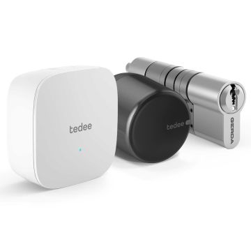 Zestaw inteligentny zamek Tedee Lock GO2 (aluminium) grafitowy z czarnym przyciskiem + Tedee Bridge Wi-Fi + wkładka modułowa SLR 30-61/37-68 mm (typ C) 