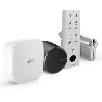 Zestaw inteligentny zamek Tedee Lock GO2 (aluminium) grafitowy z czarnym przyciskiem + Tedee Bridge Wi-Fi + wkładka modułowa SLR 30-61/30 mm (typ C) + biała klawiatura Tedee 2.0 TKV2.0 PRO
