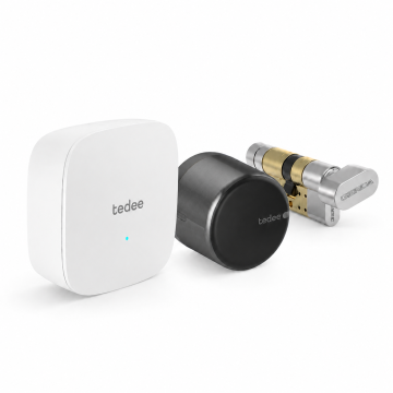 Inteligentny zamek Tedee Lock GO2 - aluminium, grafitowy, z czarnym przyciskiem + Tedee Bridge + wkładka EXXO SMART M G61/61, z zabierakiem i gałką
