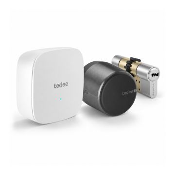 Inteligentny zamek Tedee Lock - aluminium, grafitowy, z czarnym przyciskiem + Tedee Bridge + wkładka EXXO SMART MZ 61/61, z zębatką