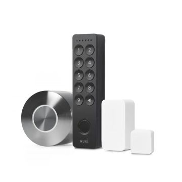 Inteligentny zamek Nuki Smart Lock Ultra w zestawie z klawiaturą NUKI Keypad 2.0 oraz białym czujnikiem otwarcia drzwi NUKI Door Sensor