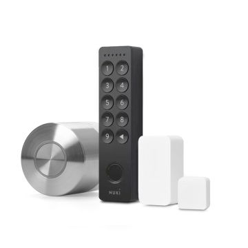 Inteligentny zamek Nuki Smart Lock Pro (5 gen) w zestawie z klawiaturą NUKI Keypad 2.0 oraz białym czujnikiem otwarcia drzwi NUKI Door Sensor
