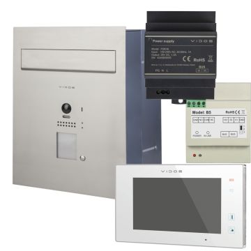 Zestaw wideodomofonowy: skrzynka na listy na płytki słupek S1201A-SKP + monitor M1021 biały + zasilacz P28/36 + moduł B5